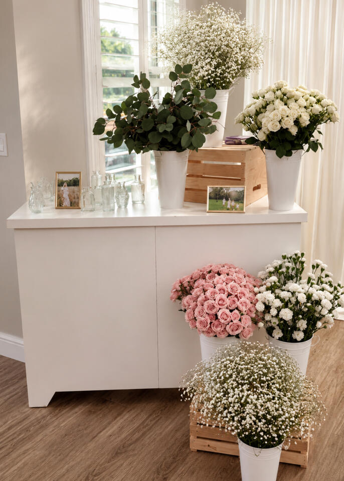 Interactive Bloom Bar Custom floral-inspired bloom bar featuring layered styling elements, fresh florals, and elevated event décor for an unforgettable guest experience.