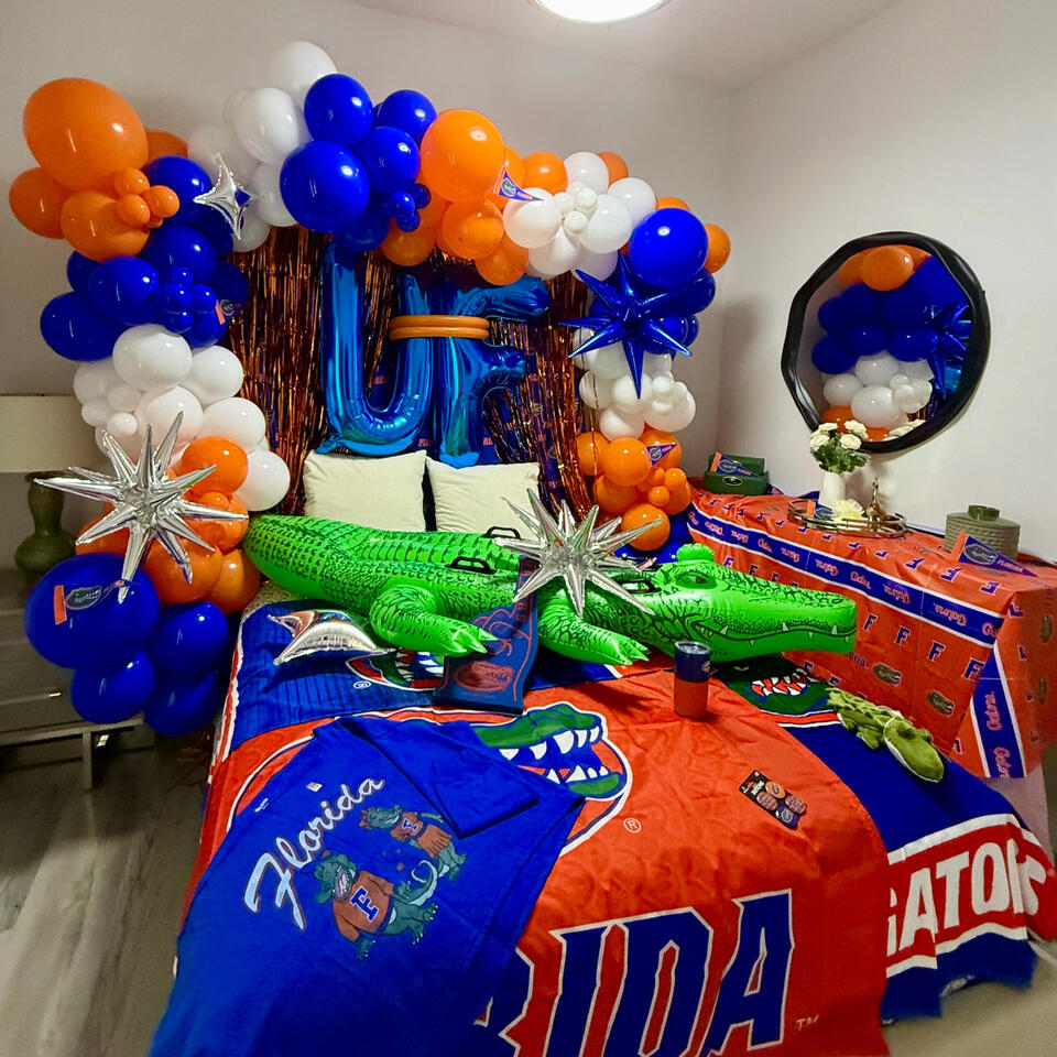 UF Bed Party university of florida bed party set up with organic balloon garland
