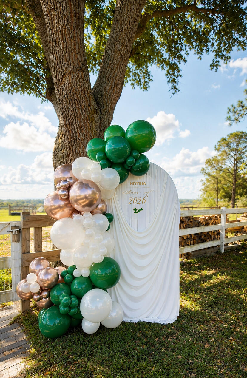 Graduation Panel Display A modern draped backdrop accented with premium balloons and personalized signage, designed to celebrate academic achievements in style. | Montverde FL